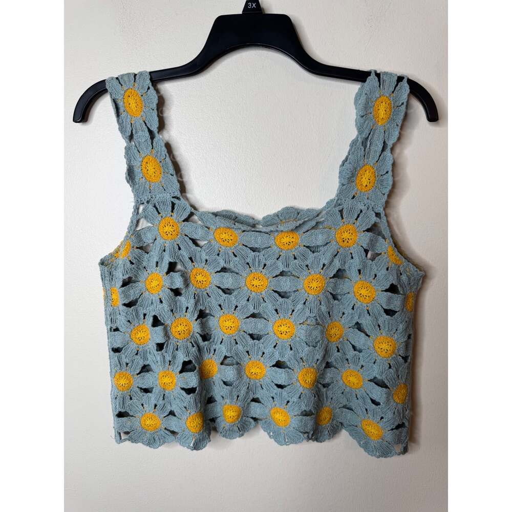 Sew & Sew Jill Top Crochet Daisy Floral Crop Tank Dusty Blue Yellow M/L